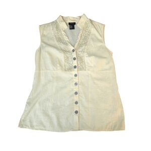 🌼3 for‎ $15🦋 RQT Linen Blend Silver Floral Embroidery Split Neck Top Medium